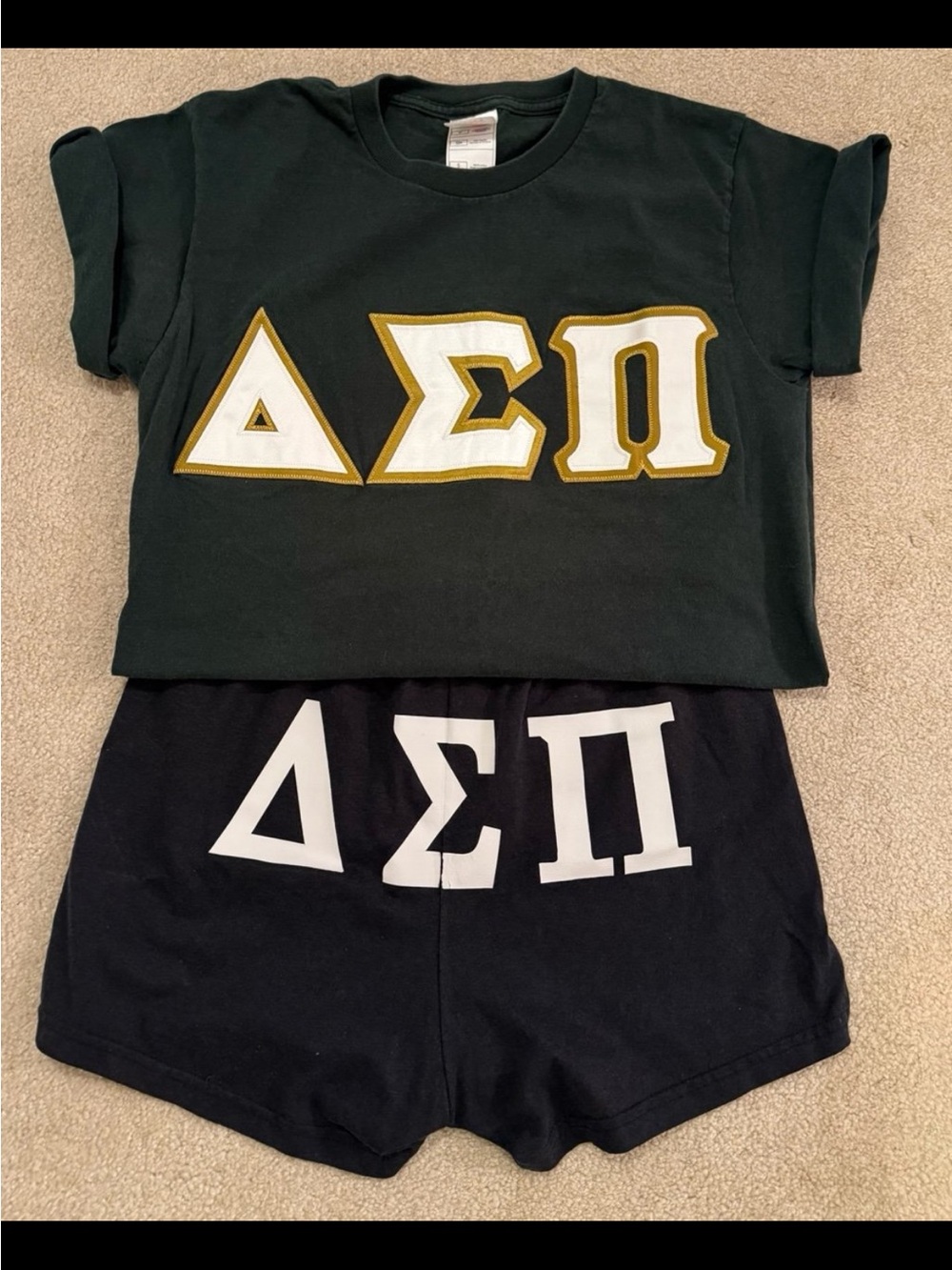 Delta sigma pi Green t shirt gold white letters and black white DSP shorts